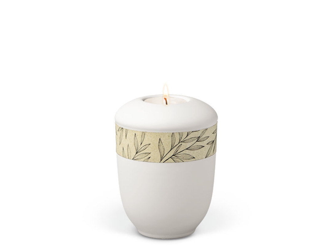 Keramikurne, Weiß-Matt, Dekorband Graspapier Naturgräser Gedenkurne mit Teelicht