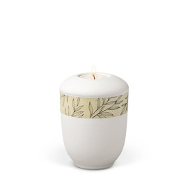 Keramikurne, Weiß-Matt, Dekorband Graspapier Naturgräser Gedenkurne mit Teelicht