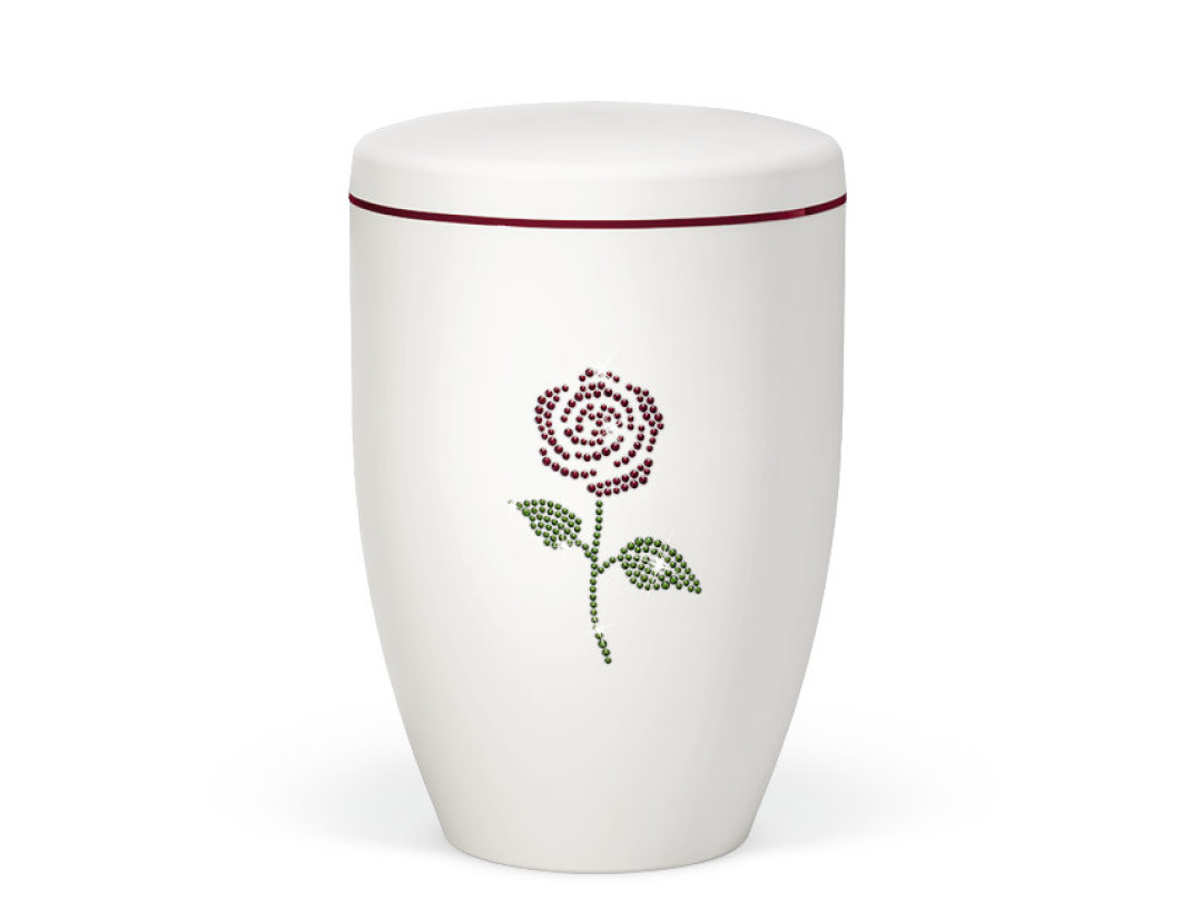 Naturstoffurne, Weiß-Matt Rose, farbliche Crystal Elements, Dekorband Rot am Deckel
