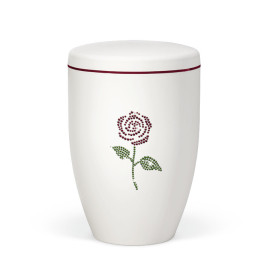 Naturstoffurne, Weiß-Matt Rose, farbliche Crystal Elements, Dekorband Rot am Deckel