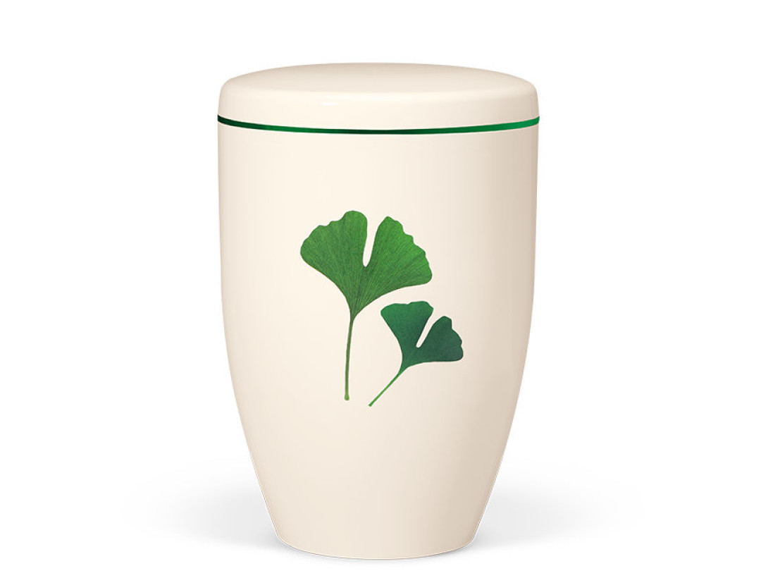 Naturstoffurne, Weiß-Matt Gingkoblätter Grün, Dekorband Grün am Deckel