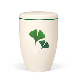 Naturstoffurne, Weiß-Matt Gingkoblätter Grün, Dekorband Grün am Deckel
