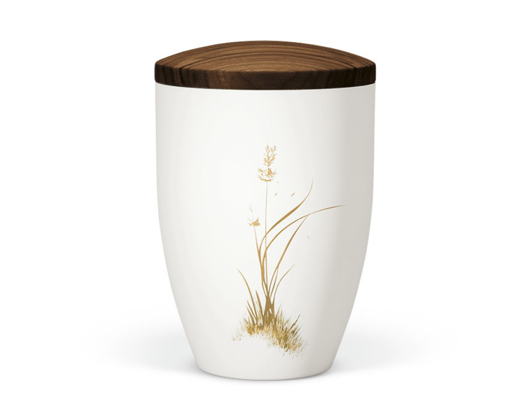 Naturstoffurne, Weiß-Matt Dekor Gräser goldbraun Handbemalt, Holzdeckel Nußbaum geölt