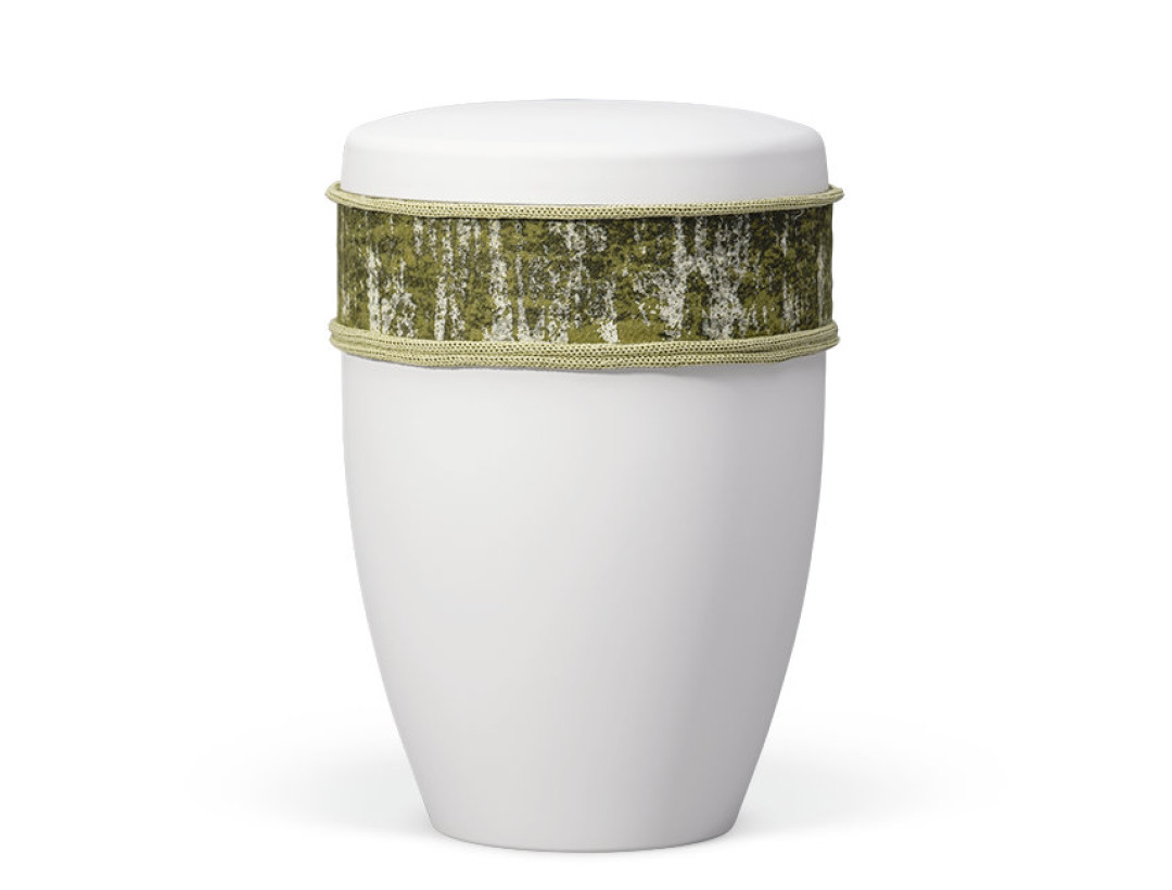 Naturstoffurne, Weiß-Matt Dekorband Filz, Birkenstamm