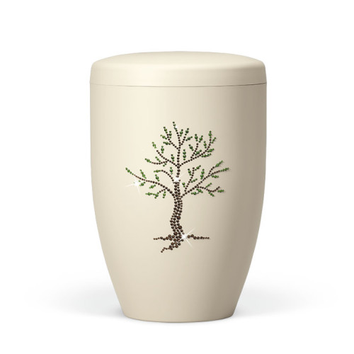 Naturstoffurne in elfenbein-beige mit Baum-Motiv aus Kristallelementen, in Form einer runden, leicht konischen Urne mit Deckel.