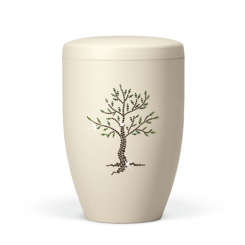 Naturstoffurne in elfenbein-beige mit Baum-Motiv aus Kristallelementen, in Form einer runden, leicht konischen Urne mit Deckel.