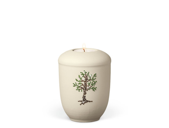 Keramikurne, Elfenbein-Beige Baum Natur, Crystal Elements, Gedenkurne mit Teelicht