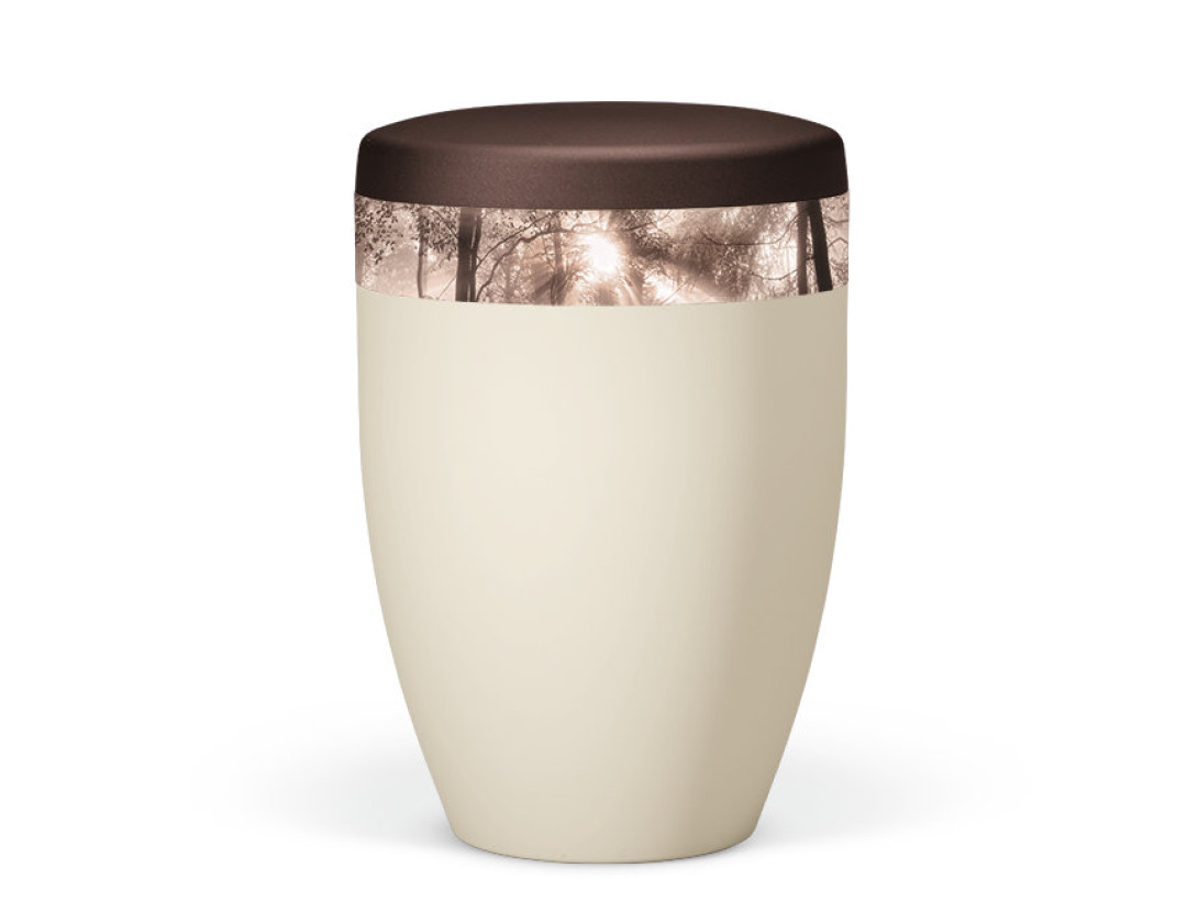Naturstoffurne, Elfenbein-Beige Dekor Wald Sepia Effekt, Deckel Kastanienbraun Matt abgesetzt