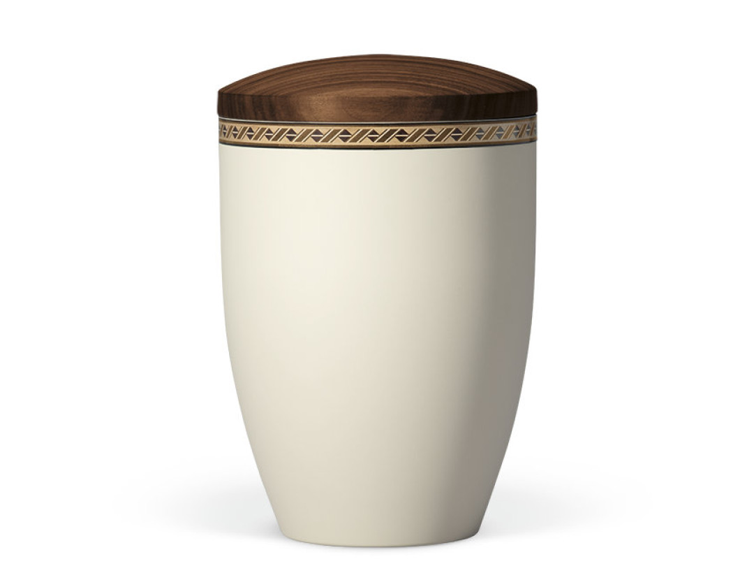 Naturstoffurne, Beige-Velours Dekor: Rautenkordel, Holzdeckel Nußbaum geölt