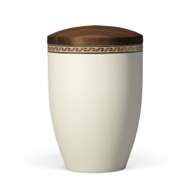 Naturstoffurne, Beige-Velours Dekor: Rautenkordel, Holzdeckel Nußbaum geölt