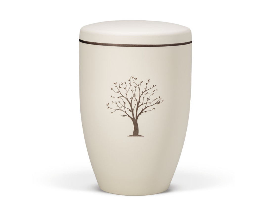 Naturstoffurne, Beige Velours - Tampondruck - Deckel brauner Rand, Motiv: Baum