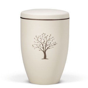 Naturstoffurne, Beige Velours - Tampondruck - Deckel brauner Rand, Motiv: Baum