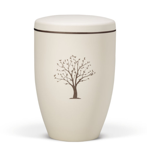 Naturstoffurne in Beige mit Velours-Oberfläche, braunem Rand am Deckel und einem Tampondruck-Motiv eines Baumes auf der Vorderseite.