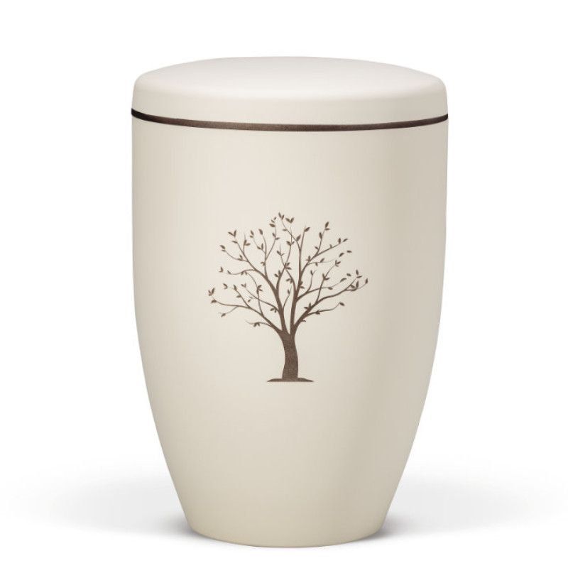 Naturstoffurne in Beige mit Velours-Oberfläche, braunem Rand am Deckel und einem Tampondruck-Motiv eines Baumes auf der Vorderseite.