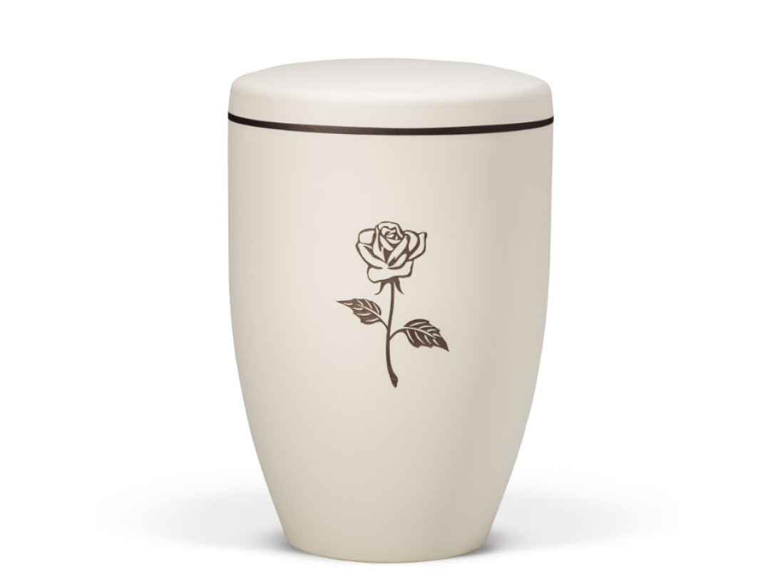 Naturstoffurne, Beige Velours - Tampondruck - Deckel brauner Rand, Motiv: Rose