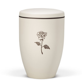 Naturstoffurne, Beige Velours - Tampondruck - Deckel brauner Rand, Motiv: Rose