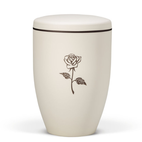 Naturstoffurne in beige Velours mit einem braunen Rand am Deckel und einem Tampondruck-Motiv einer Rose, in Gesamtansicht.