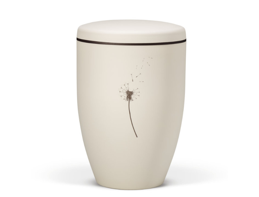 Naturstoffurne, Beige Velours - Tampondruck - Deckel brauner Rand, Motiv: Pusteblume