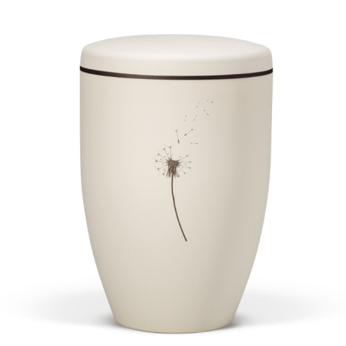 Eine beige Naturstoffurne mit Velours-Oberfläche, braunem Rand am Deckel und einem Tampondruck-Motiv einer Pusteblume.