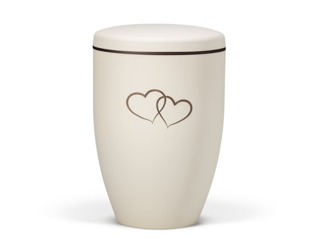 Naturstoffurne, Beige Velours - Tampondruck - Deckel brauner Rand, Motiv: Doppelherz