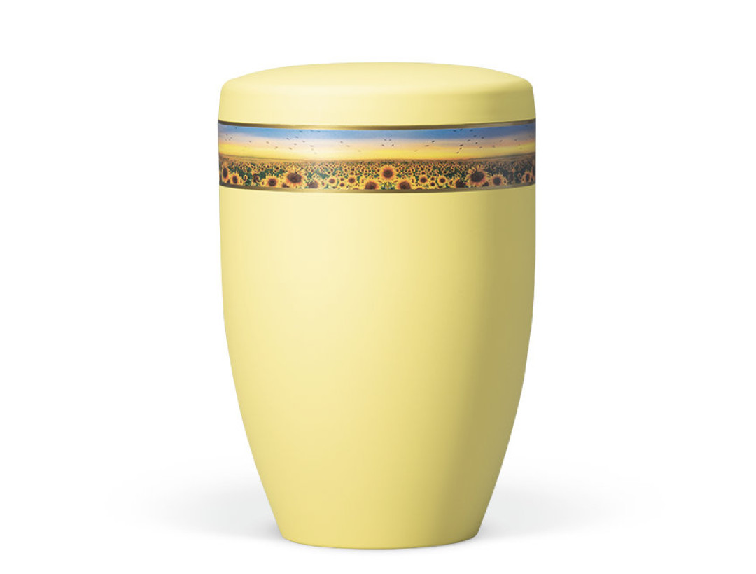 Naturstoffurne, Gelb Dekorband  Sonnenblumenwiese