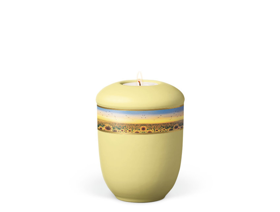 Keramikurne, Gelb Dekorband Sonneblumenwiese Gedenkurne mit Teelicht