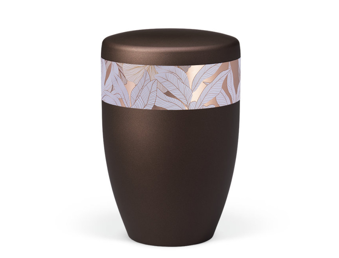 Naturstoffurne, Kastanienbraun Matt Rosé Gold, Dekor Blätter