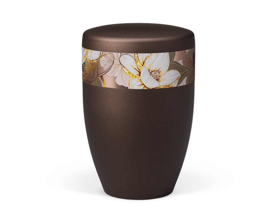 Naturstoffurne, Kastanienbraun Matt Rosé Gold, Dekor Magnolia