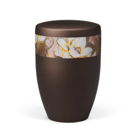 Naturstoffurne, Kastanienbraun Matt Rosé Gold, Dekor Magnolia