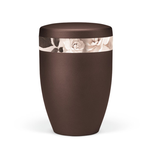 Naturstoffurne in kastanienbraunem Matt-Finish mit einem dekorativen Band aus sepiafarbenen Rosenmotiven, in Gesamtansicht.