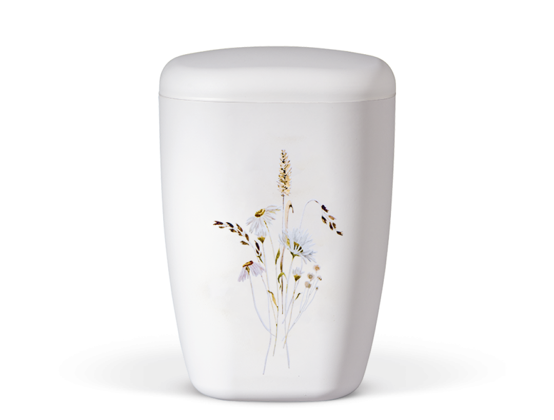 Naturstoffurne Weiß Matt, Wildblumen (Margariten, Kräuter)