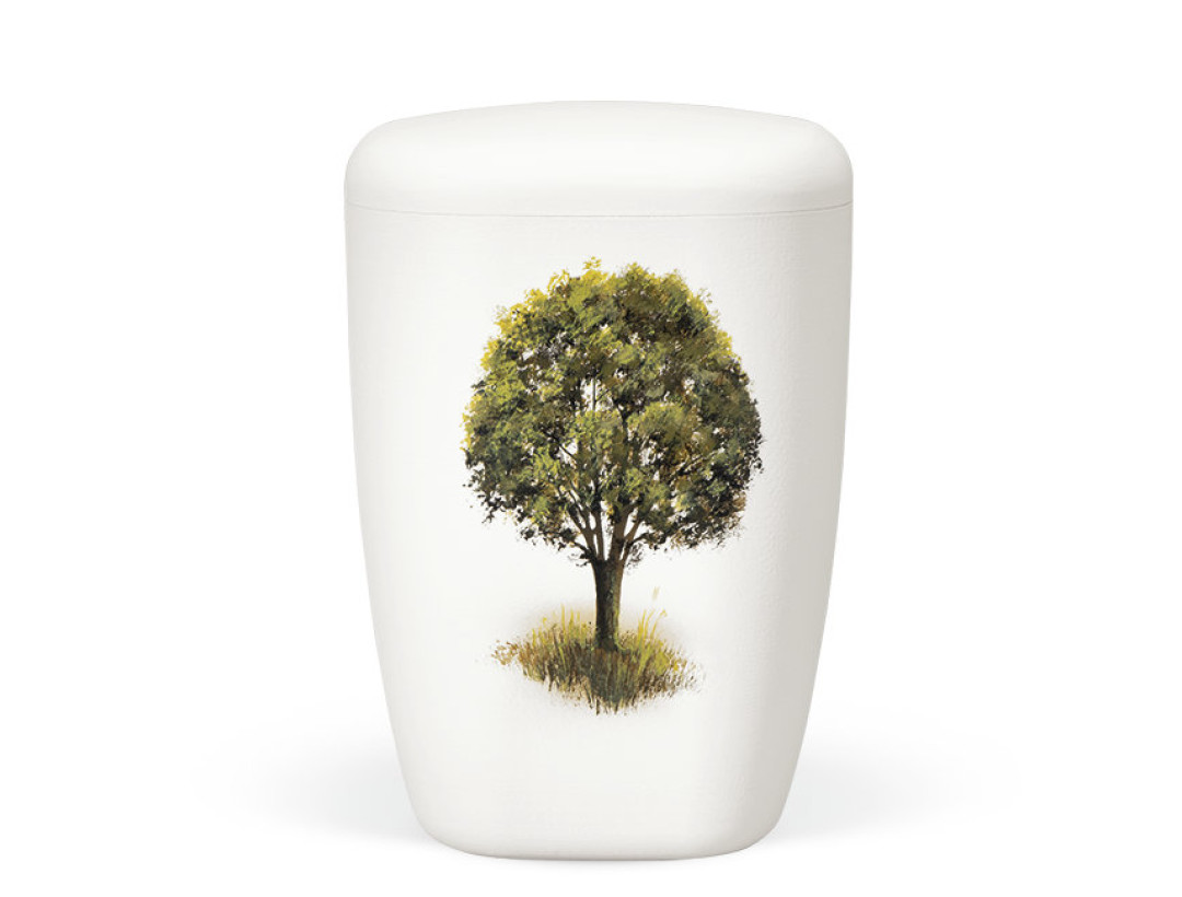 Naturstoffurne, Weiß-Matt Handbemalt Baum auf Wiese