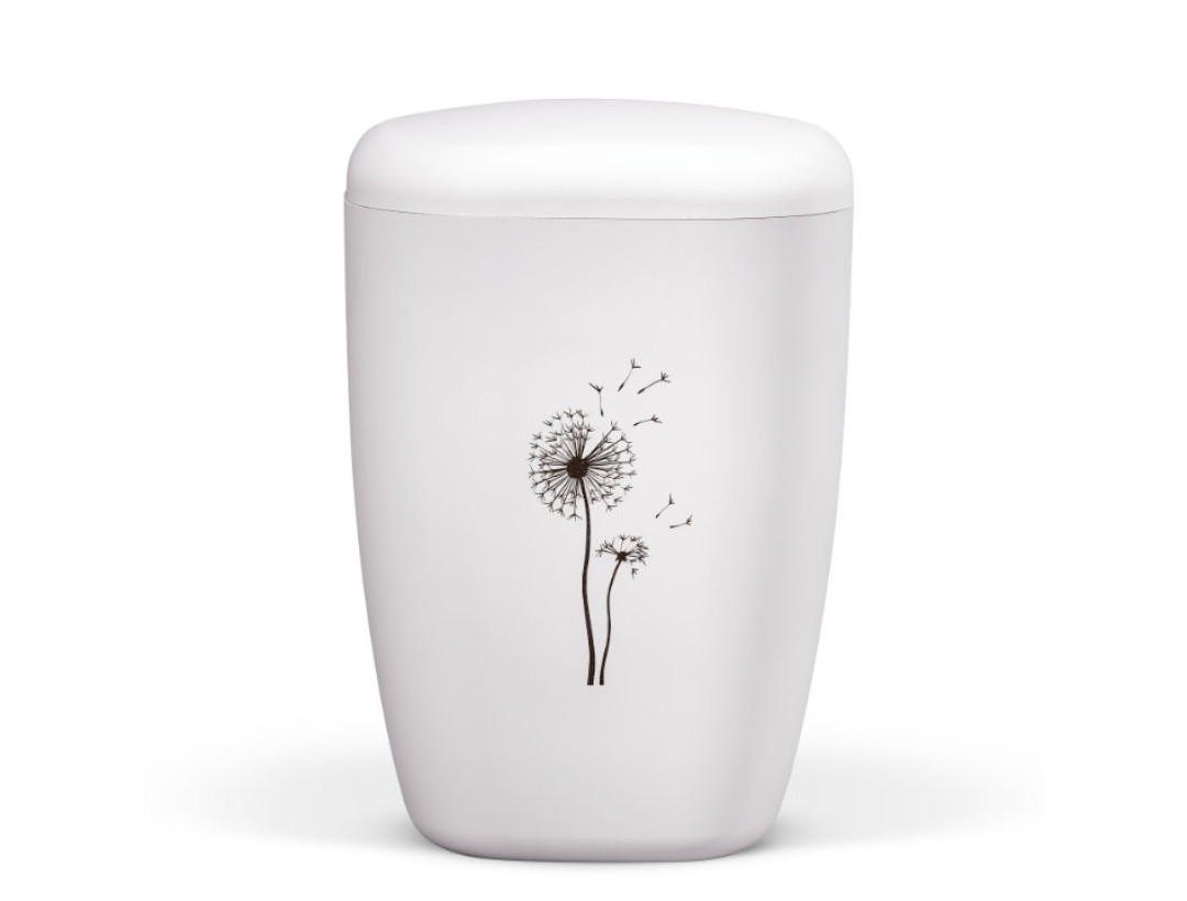 Naturstoffurne, Weiß-Matt, Lasergravur, Pusteblume