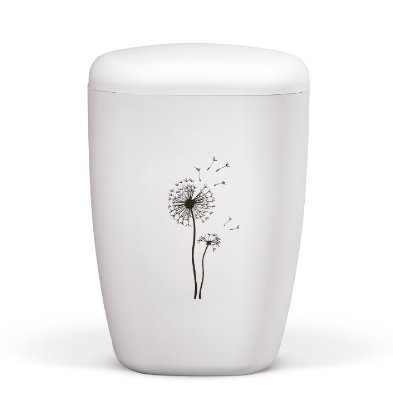 Naturstoffurne, Weiß-Matt, Lasergravur, Pusteblume
