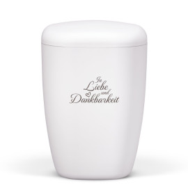 Naturstoffurne, Weiß-Matt, Lasergravur, In Liebe und Dankbarkeit