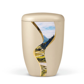 Naturstoffurne, Perlbeige, Vertikal geschwungenes Dekorband, Motiv: Bergpanorama