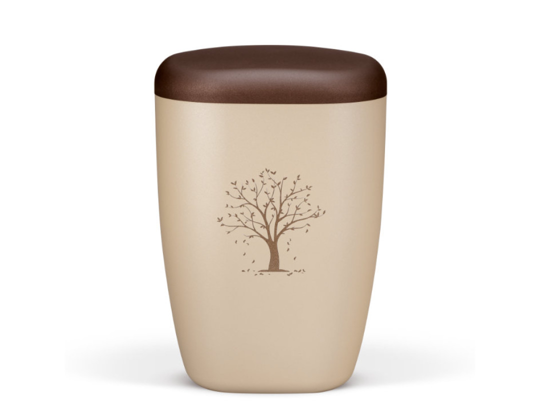 Naturstoffurne, Perlbeige Lasergravur, Baum fallende Blätter, Deckel Kastanienbraun
