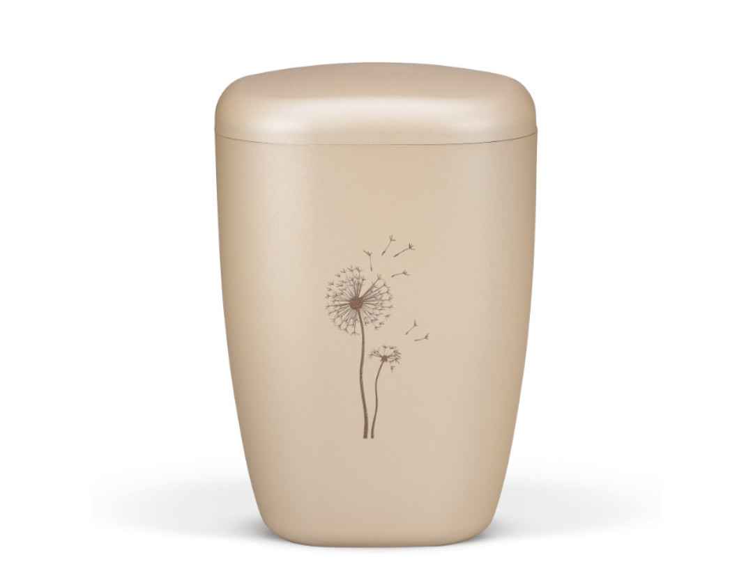 Naturstoffurne, Perlbeige, Lasergravur, Pusteblume