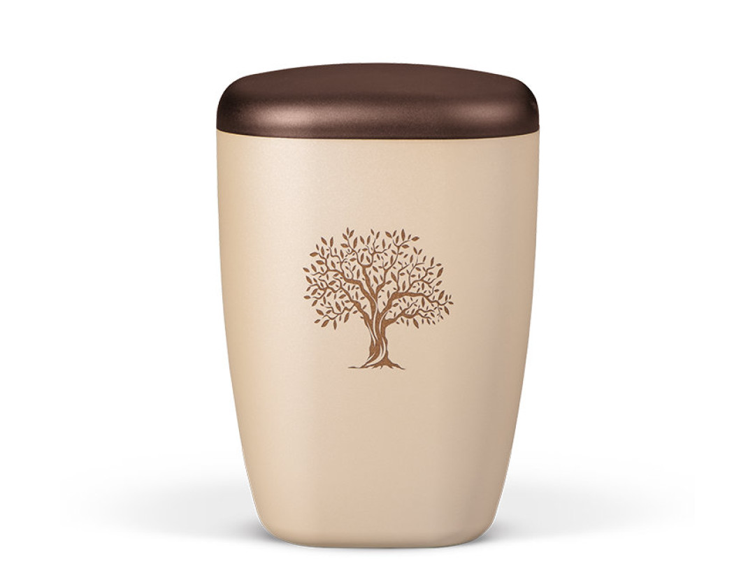 Naturstoffurne, Perlbeige Lasergravur Lebensbaum, Deckel Kastanienbraun