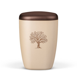 Naturstoffurne, Perlbeige Lasergravur Lebensbaum, Deckel Kastanienbraun