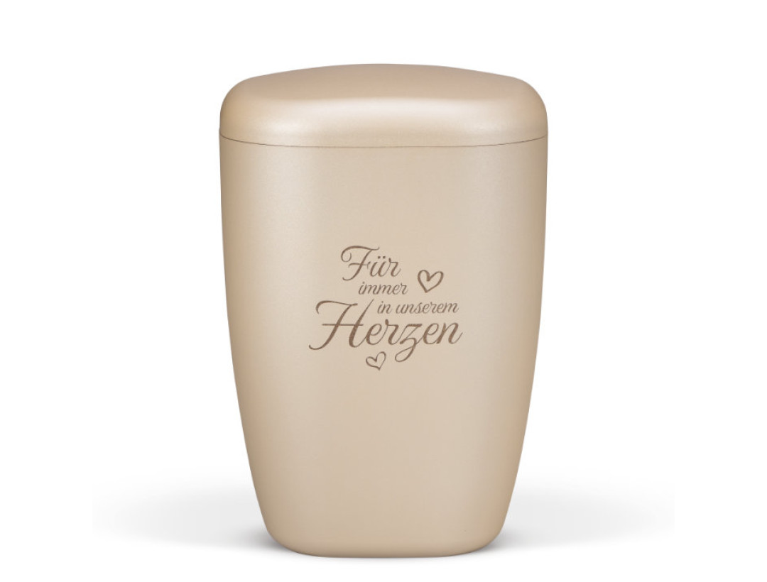 Naturstoffurne, Perlbeige Lasergravur Trauertext Für immer in unserem Herzen