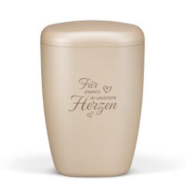 Naturstoffurne, Perlbeige Lasergravur Trauertext Für immer in unserem Herzen