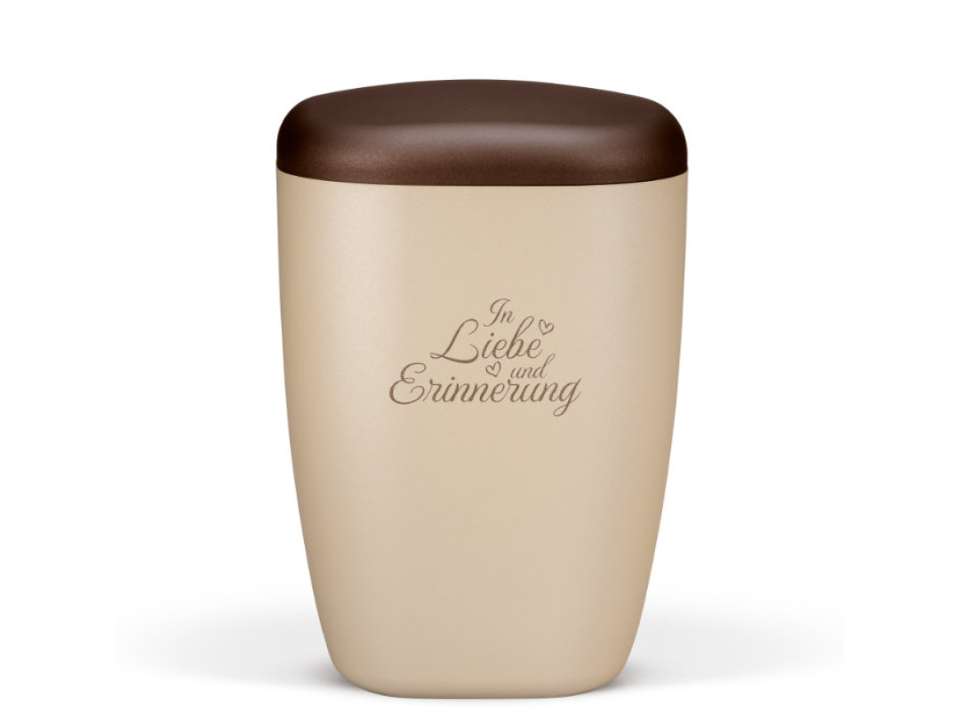 Naturstoffurne, Perlbeige Lasergravur, In Liebe und Erinnerung, Deckel Kastanienbraun