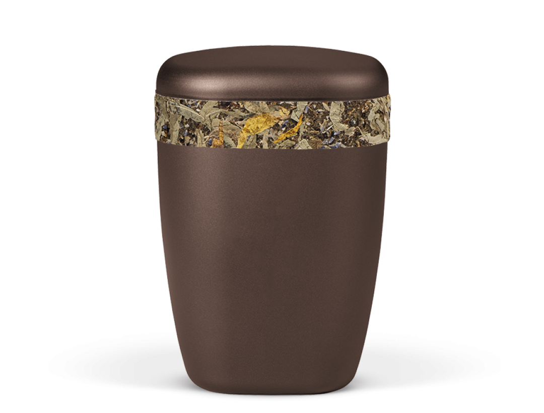 Naturstoffurne Kastanienbraun-Mattr, Dekorband aus Naturkräuter (z.B. Johanniskraut, Lavendel, Hopfen)