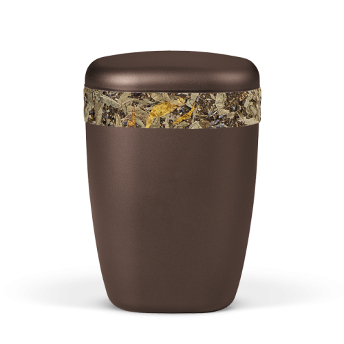 Naturstoffurne Kastanienbraun-Mattr, Dekorband aus Naturkräuter (z.B. Johanniskraut, Lavendel, Hopfen)