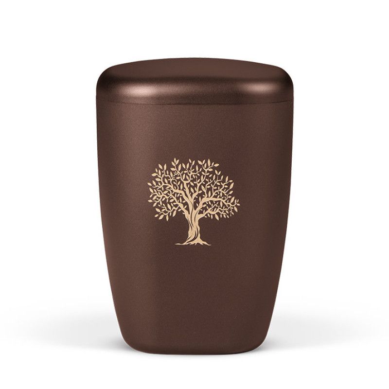 Naturstoffurne in kastanienbraunem Mattfinish mit einer Lasergravur eines Baumes, in ovaler Form und Gesamtansicht.