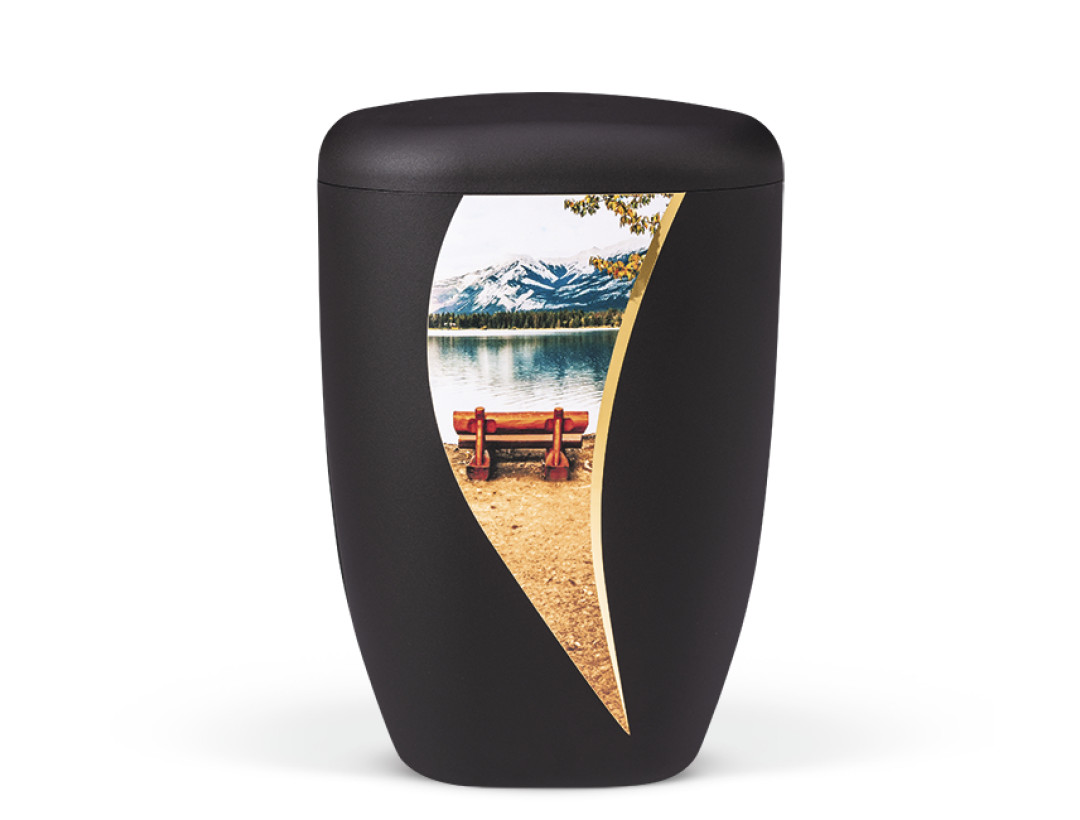 Naturstoffurne, Anthrazit Velours, Vertikal geschwungenes Dekorband, Motiv: Bergsee