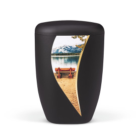 Naturstoffurne, Anthrazit Velours, Vertikal geschwungenes Dekorband, Motiv: Bergsee