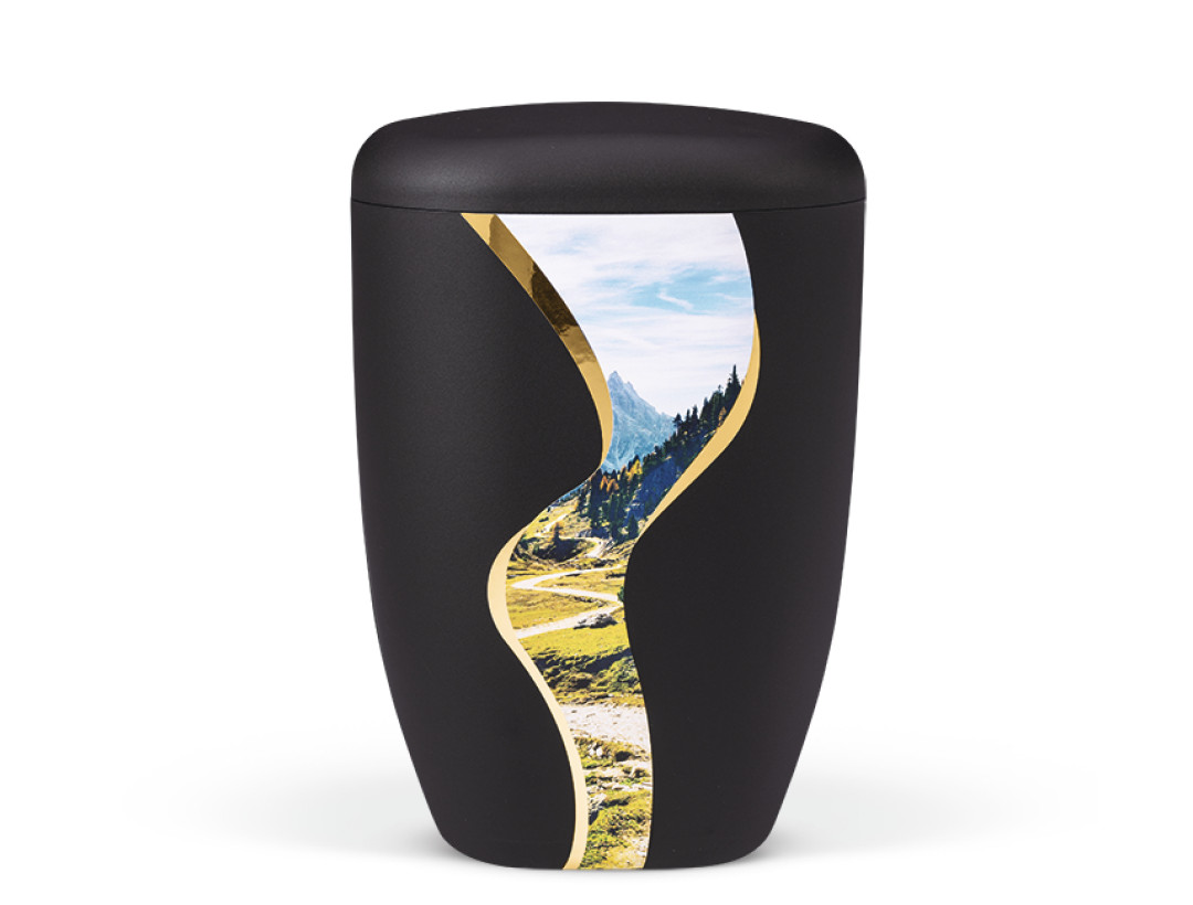 Naturstoffurne, Anthrazit Velours, Vertikal geschwungenes Dekorband, Motiv: Bergpanorama