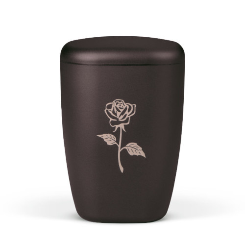 Naturstoffurne in anthrazit mit glatter Oberfläche und abgerundeter Form, verziert mit einer lasergravierten Rose in heller Farbe, Gesamtansicht.